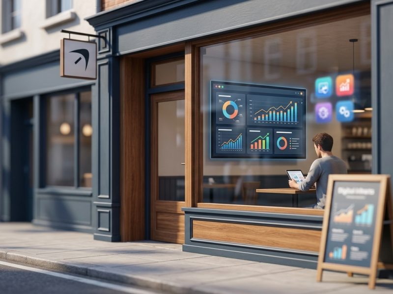 Affordable digital marketing — front view of a small store with digital marketing icons — by BUDGET DIGITAL SOLUTIONS