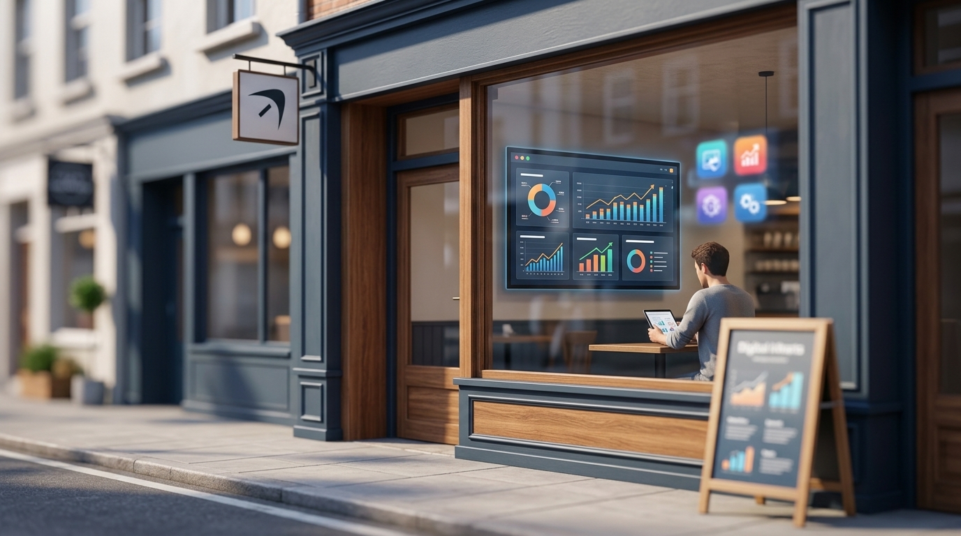 Affordable digital marketing — front view of a small store with digital marketing icons — by BUDGET DIGITAL SOLUTIONS