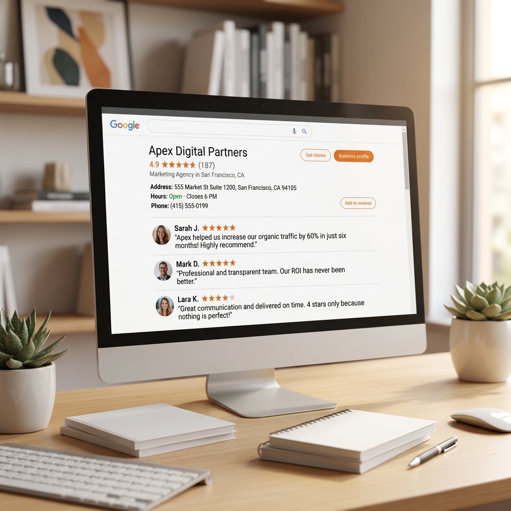 How to Optimize Your Google Business Profile to Convert More Qualified Leads — gbp with reviews and info — by Budget Digital