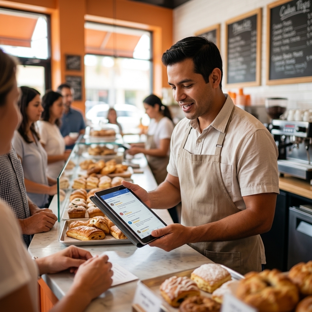 local reputation management — bakery owner checking reviews — by Budget Digital Solutions